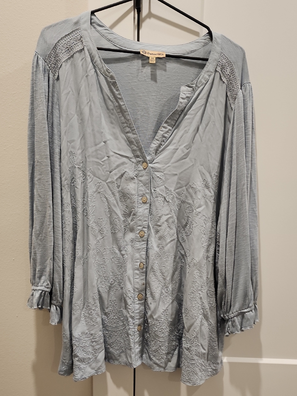 Democracy Pale Blue Embroidered Button-Down Blouse